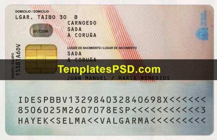 Spain ID Card Template PSD Back