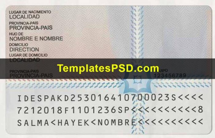 Spain ID Card Template PSD Back