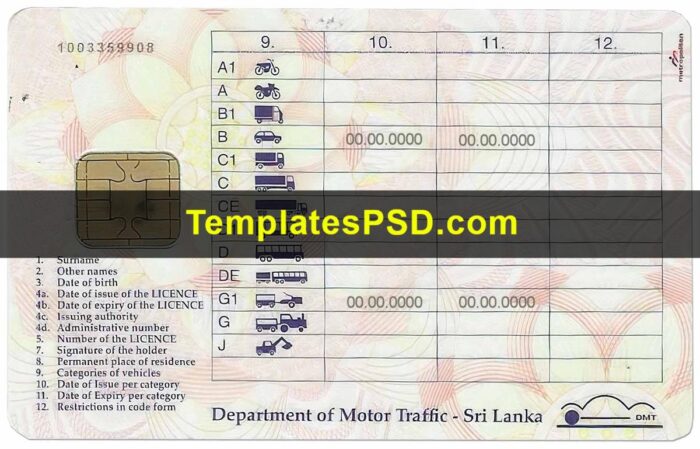 Sri Lanka Drivers License Template PSD Front
