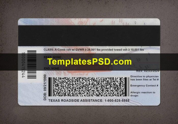 Texas Driver License New PSD Template Fake Back