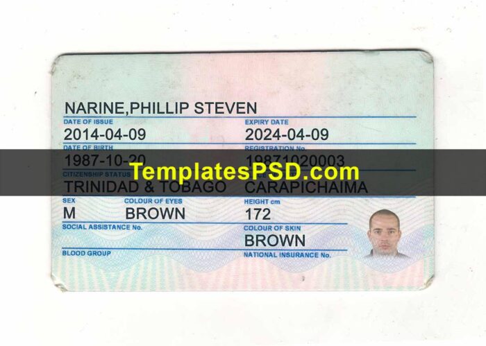 Trinidad and Tobago National Identity Card Template Back