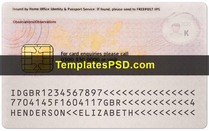 UK ID Card Template PSD Fake Back