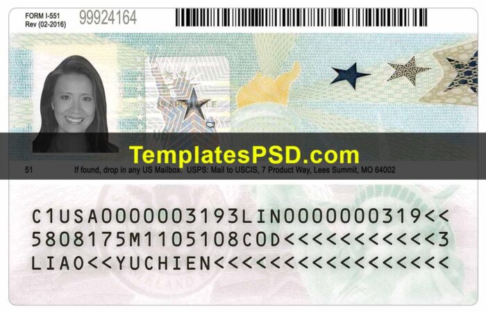USA Permanent Resident Card Front Side Back