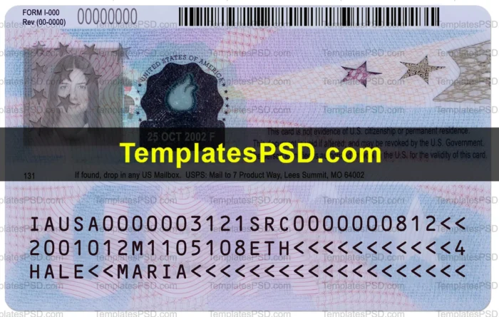 USA Employment Authorization Card Template PSD EAD Work Permit Back