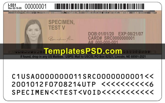 USA Green Card Template PSD Back