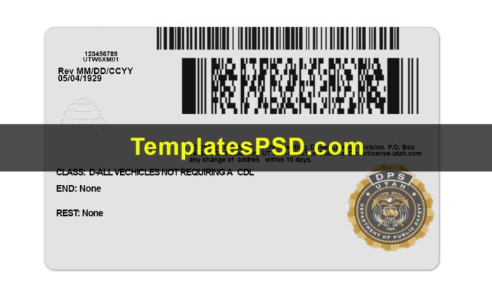 Utah Driver License Template PSD Back