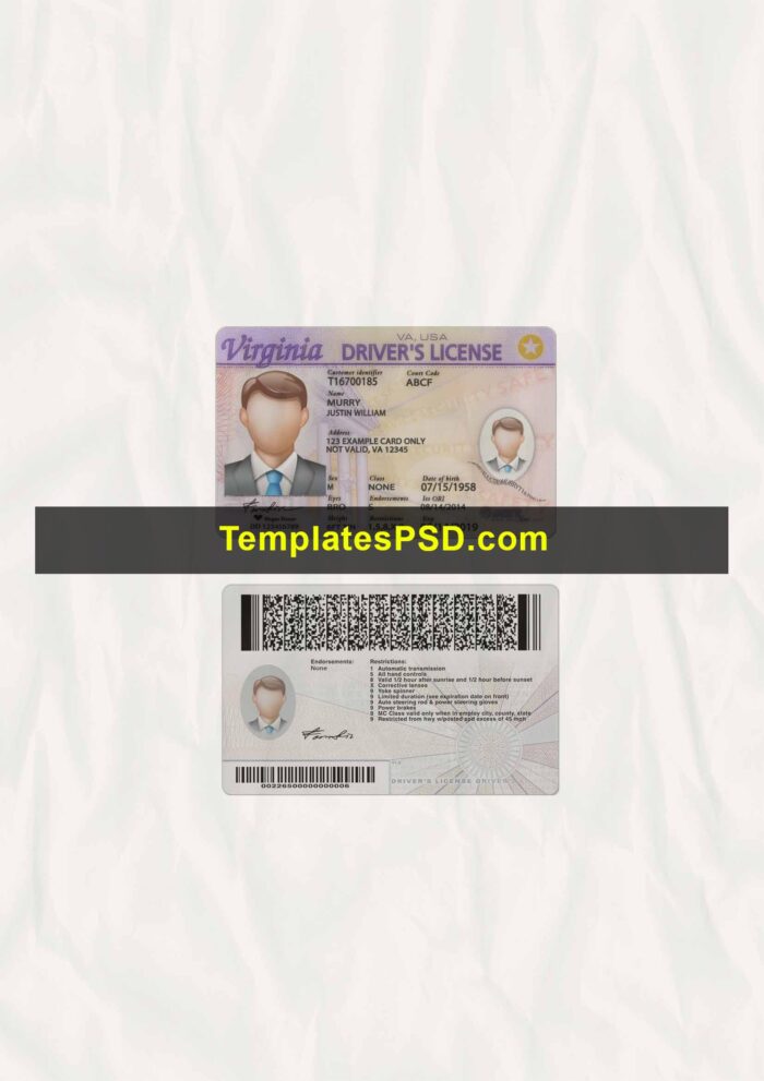 Virginia Drivers license template psd scan