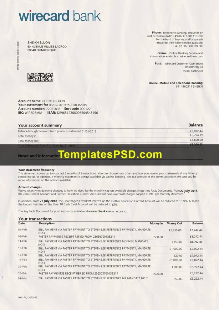 Wirecard Bank Statement scan page1 Wirecard Bank Statement scan template psd page 1