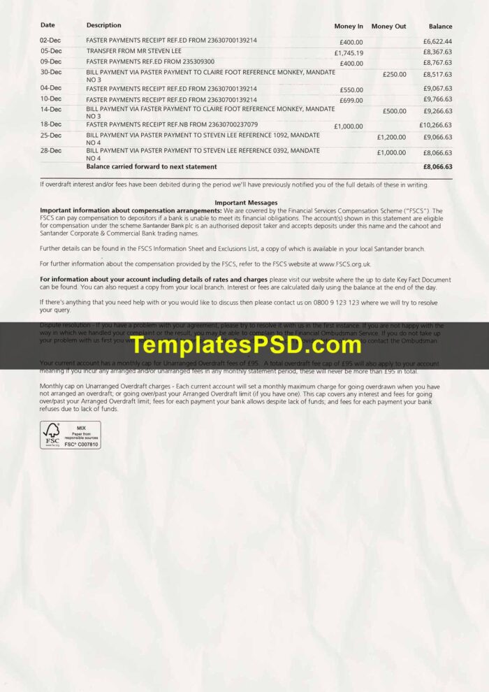 Wirecard Bank Statement scan template psd page 2