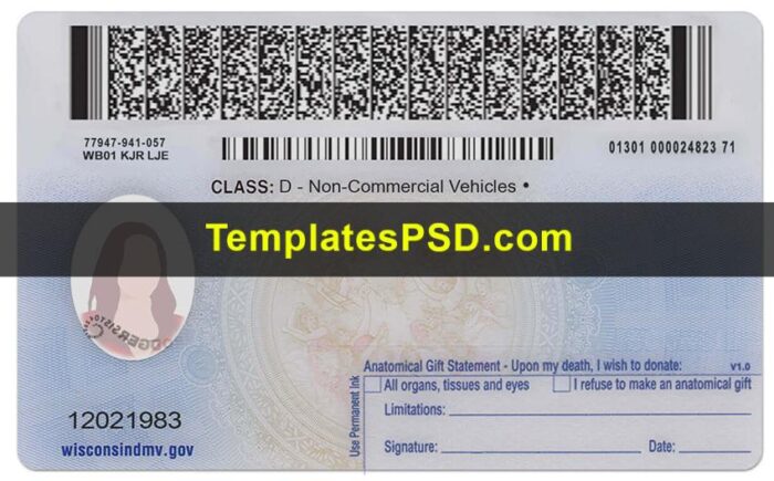 Wisconsin Driver License PSD Back Wisconsin Driver License PSD Back