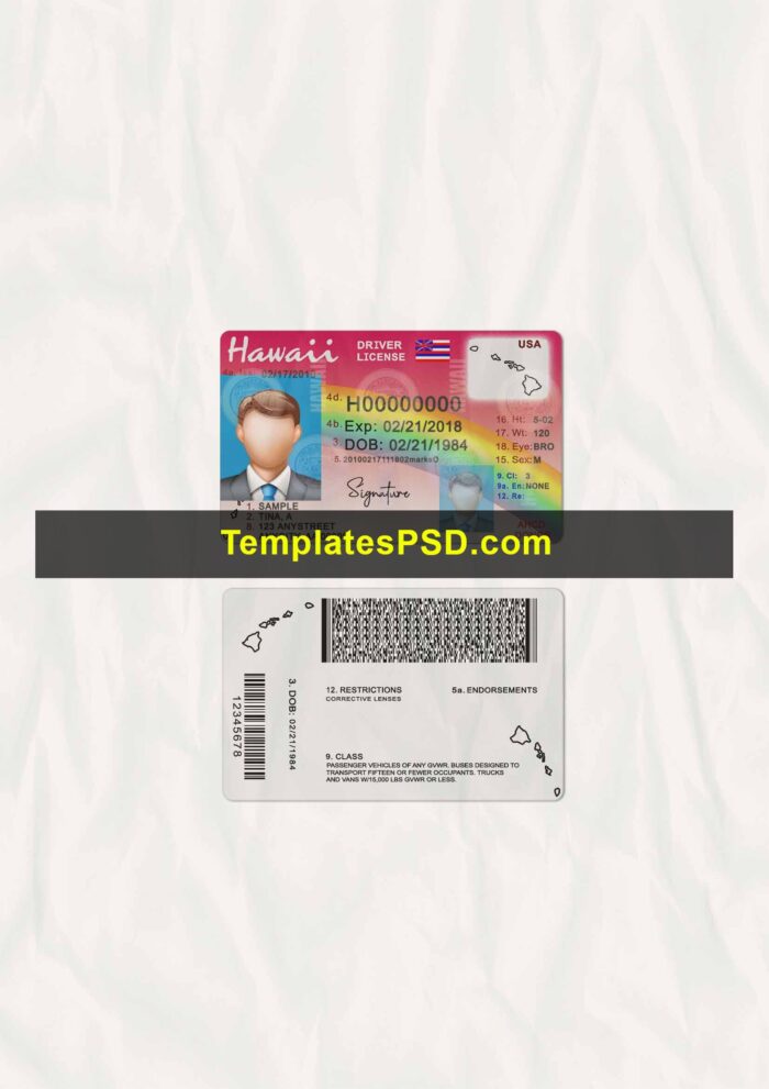 Hawaii drivers license template psd